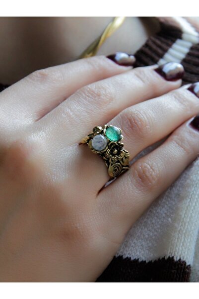 esha خاتم نسائي عتيق بتصميم زهرة خضراء - أحجار كريمة طبيعية، حجر قمر قابل للتعديل euy22aya