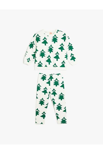 Koton Baumwoll-Trainingsanzug-Set mit Weihnachtsbaum-Aufdruck – Raster