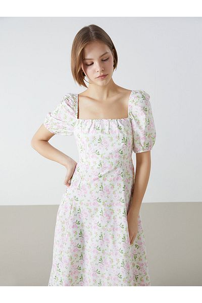 LC Waikiki XSIDE Rochie de damă cu decolteu pătrat roz cu flori