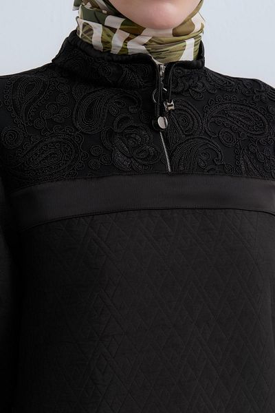 Nihan Black Quilted Sweat - Thin Lace Detail
