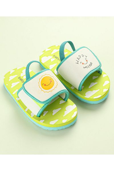 Babyoye Flip Flop with Back Strap Closure Cloud & Sun Print - Green
