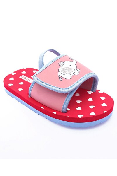 Babyoye Back Strap Flip Flops With Heart & Elephant Print - Red