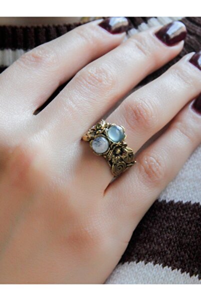 esha خاتم نسائي عتيق من الحجر الطبيعي على شكل زهرة مزدوجة من حجر القمر - Apatite euy22ap