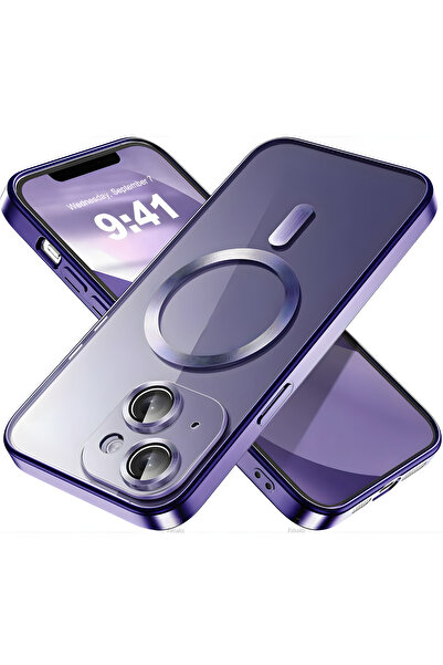 Fibaks İphone 14 Plus / 15 Plus Uyumlu Kılıf Kamera Lens Korumalı Magsafe Şarj Kilifi Şeffaf Renkli Yumuşak