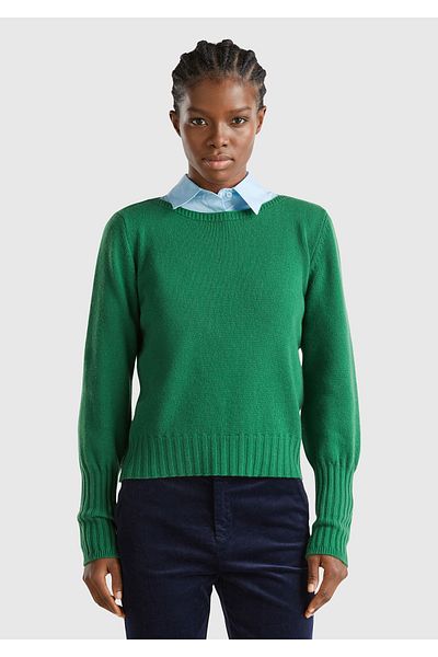 United Colors of Benetton Women's Green Wool Blended Slim Fit Boat Neck Sweater