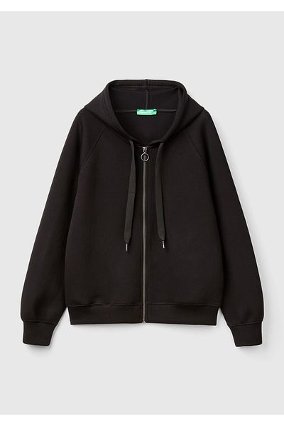 United Colors of Benetton Women's Black Viscous Sweatshirt - Hooded, Zip-Up and Drawstring