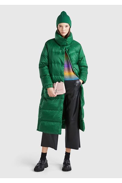 United Colors of Benetton Women's Green Goose down Padded Button Closure High Collar Long down Coat