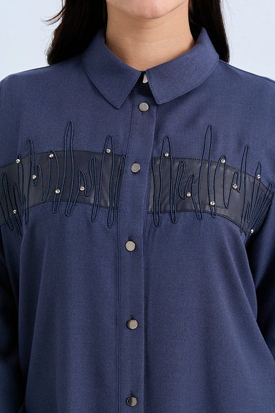 Nihan Indigo Embroidered Tunic - Plus Size Leather Garnish