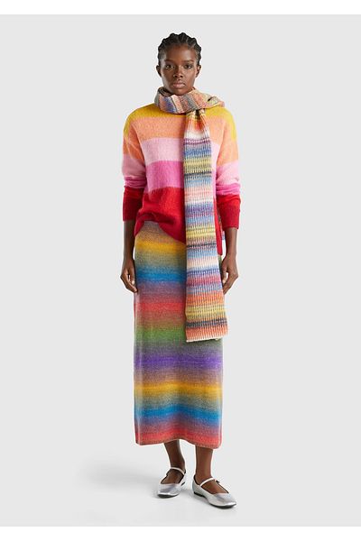 United Colors of Benetton Women's Pink Alpaca Blended Thick Color Block Round Neck Sweater