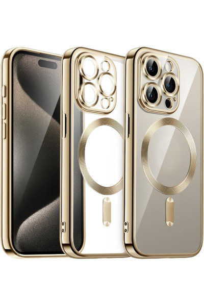 Fibaks İphone 15 Pro Uyumlu Kılıf Kamera Lens Korumalı Magsafe Şarj Kilifi Şeffaf Renkli Yumuşak Kapak