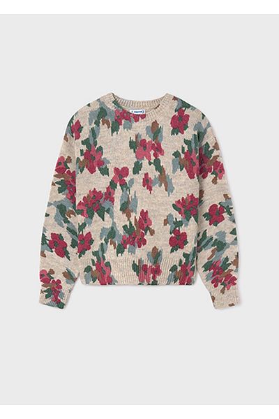 MAYORAL Beige Colored Flower Patterned Girl's Sweater - 7306