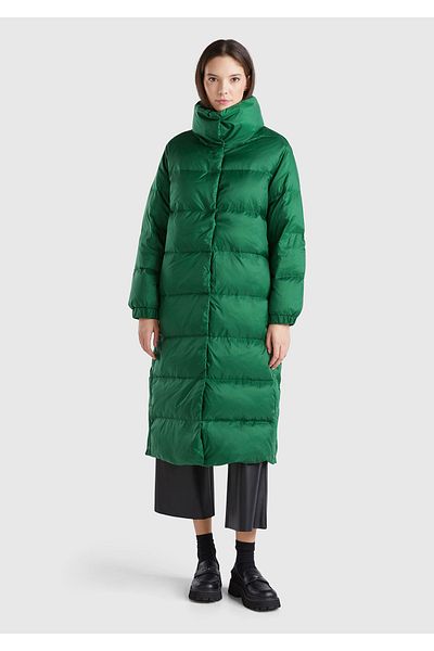 United Colors of Benetton Women's Green Goose down Padded Button Closure High Collar Long down Coat