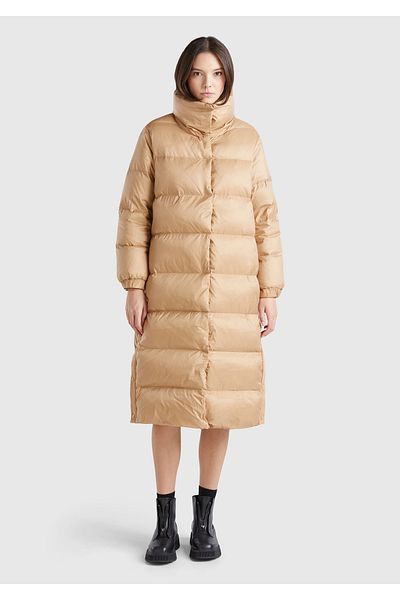 United Colors of Benetton Women's Beige Goose down Padded Button Closure High Collar Long down Coat