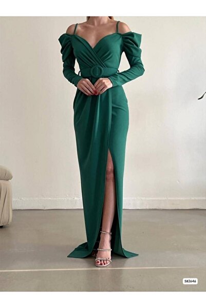 Modamorfo فستان بفتحة وحزام أخضر