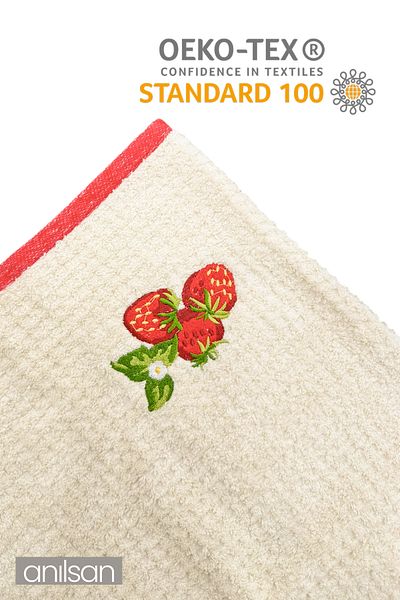 Anılsan Set 2 prosoape de bucătărie bej cu model căpșuni 100% bumbac - 40x70 cm, 120 gr prosop pentru mâini și față