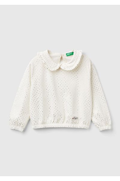 United Colors of Benetton Суитшърт с волани и яка, изцяло шарен, за момиче, в цвят „омаловато бяло“