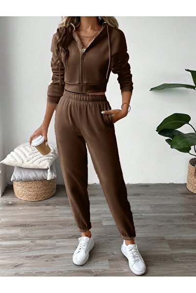 Fun Fashion Καφέ Γυναικεία Ζακέτα με Κουκούλα και Σετ Φόρμας Jogger - Oversiz...