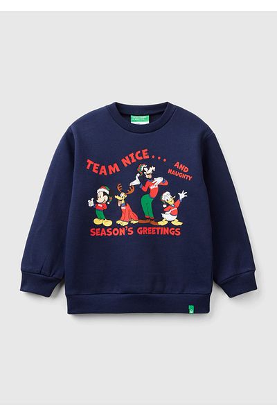 United Colors of Benetton Boy's Navy Blue Hemline Logo Mickey Mouse Printed Crew Neck Sweatshirt