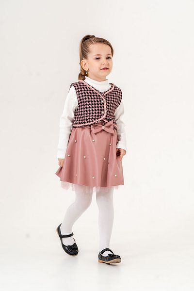 Eray Kids Costum cu fustă din piele pentru fete, cu fundă cu perle, cu model Houndstooth
