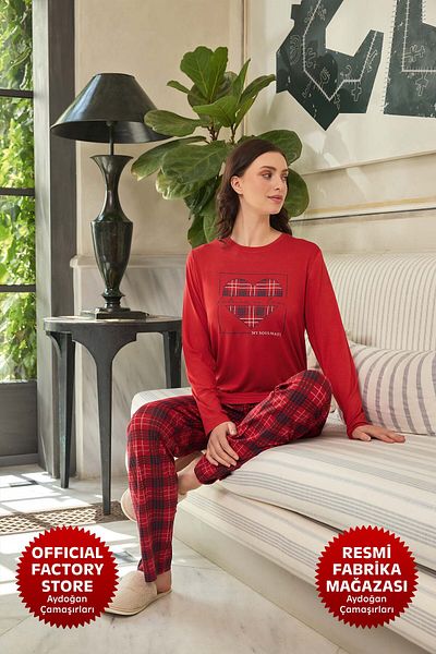 Aydoğan Red Viscose Women's Pajamas Set - Long Sleeve, Crew Neck B10-3 - 240626   Aydogan ®