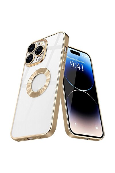 Fibaks İphone 15 Pro Max Uyumlu Kılıf Kamera Lens Korumalı Logo Gösteren Arkası Şeffaf Parlak Kenarlı Kapak