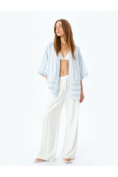 Koton 3/4 Wide Sleeve Striped Kimono with Viscose Blend Pockets