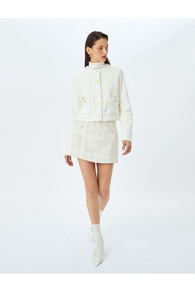 Koton Round Neck Gold Button Detailed Plush Cardigan with Pockets