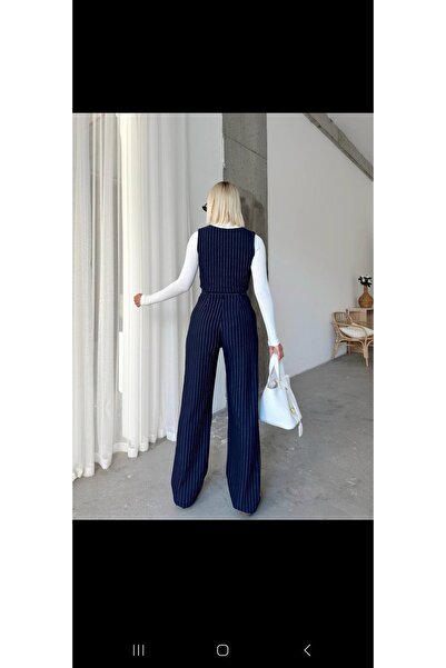 Butik Lacivert Çizgili Crop Yelek Pantolon Takım