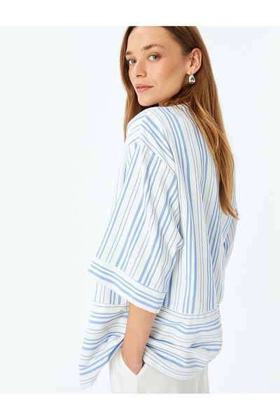 Koton 3/4 Wide Sleeve Striped Kimono with Viscose Blend Pockets