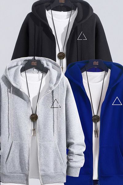 modaberry Hanorac cu logo triunghi 3 piese Cardigan cu fermoar - Negru Gri Sax Albastru Imprimat Oversize Glugă de iarnă