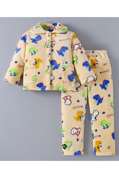 Babyhug طقم بدلة نوم شتوية بأكمام كاملة وطبعة كاملة من SAPS Dino - بيج