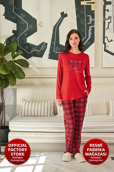 Aydoğan Red Viscose Women's Pajamas Set - Long Sleeve, Crew Neck B10-3 - 240626   Aydogan ®