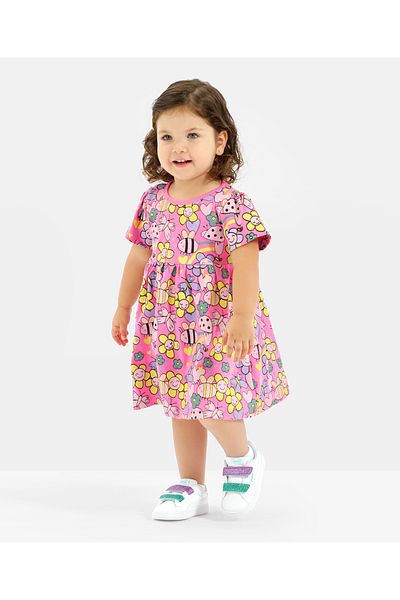 Bonfino Bonfino 100% Cotton Floral & Hearts All Over Printed Short Sleeves Dress - Pink