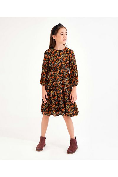 Primo Gino Primo Gino 100%Viscose Peasant Sleeves Allover One Piece Frock - Black