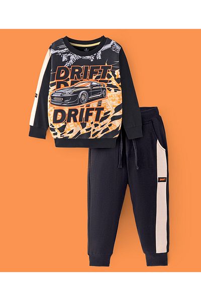Ollington St. Ollington St. - 100% Cotton Knit Full Sleeves Sweatshirt & Joggers Set With Car Print - Black
