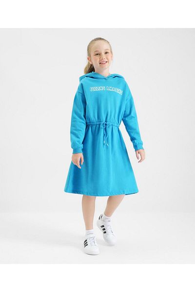 Primo Gino Primo Gino 100% Cotton French Terry Knit Hooded Winter Wear Sweatshirt Dress with Text Print - Blue