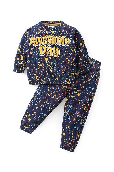 Babyhug Cotton Terry Knit Full Sleeves T-Shirt and Lounge Pant/Co-ord Set Text Print - Blue