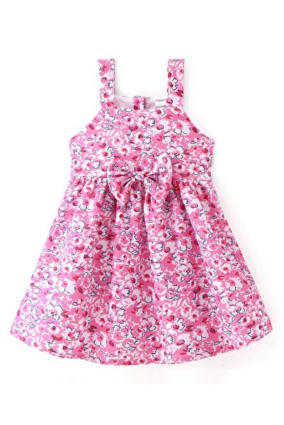 Babyhug Babyhug Woven Sleeveless Frock with Floral Print & Bow Applique - Pink