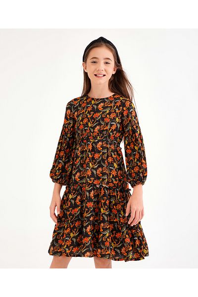 Primo Gino Primo Gino 100%Viscose Peasant Sleeves Allover One Piece Frock - Black