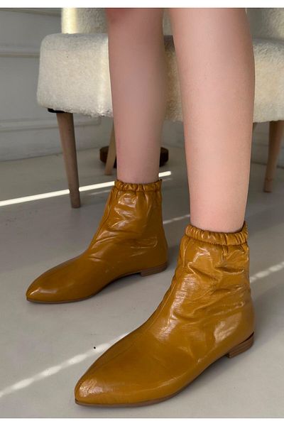 TUGERDİ Cizme de damă Tugerdi Mustard din piele lacuită cu talpă confortabilă cu fermoar la spate TGY 250100205