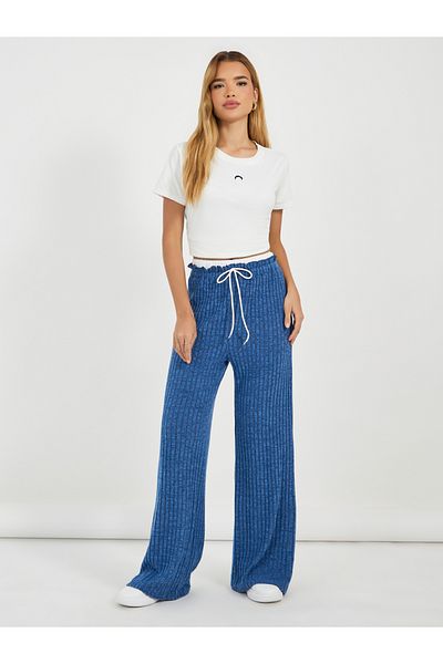 Styli High Rise Ribbed Knit Wide Leg Pants with Drawstring