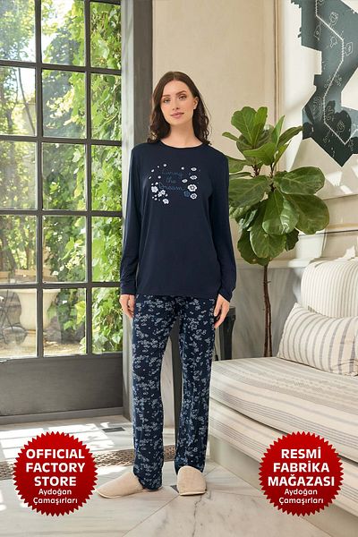 Aydoğan Navy Blue Viscose Women's Pajamas Set - Crew Neck, Long Sleeve B11-4