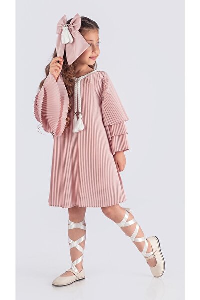 Mnk Baby&Kids Kız Çocuk Krep Plise Elbise MNK0595 PUDRA