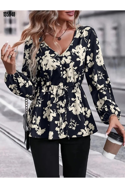 JANES Women's Floral Print Stylish Sandy Blouse with Lacing Detail on the Waist
