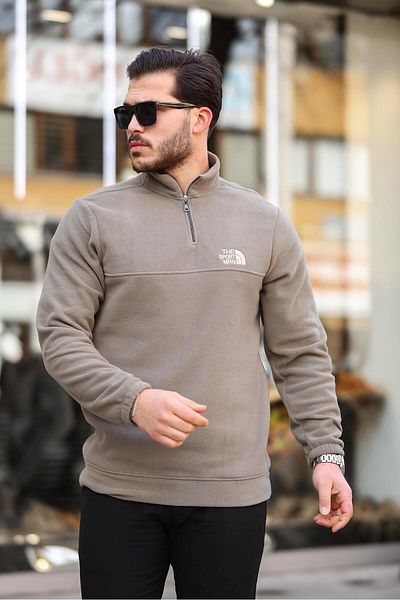 Miron Χακί Unisex κεντημένο γιακά φλις φούτερ με μισό φερμουάρ - 2321
