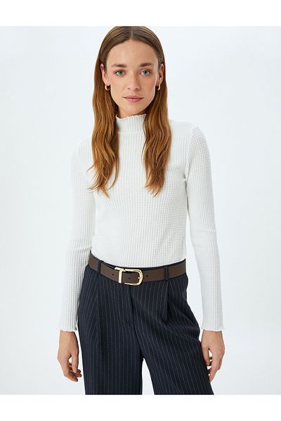Koton Long Sleeve Textured Ruffled Stand Collar T-Shirt