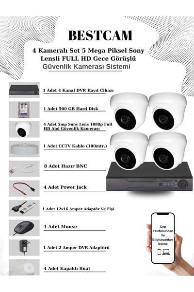 BESTCAM 4 Kameralı Set 5 Mega Piksel Sony Lensli FULL HD Gece Görüşlü Güvenli...