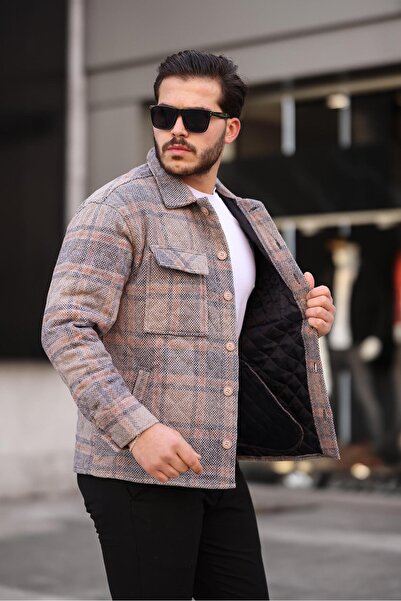 Miron Πλακάκι μπεζ καρό καπιτονέ Λεπτομερές μπουφάν Regular Fit-2453