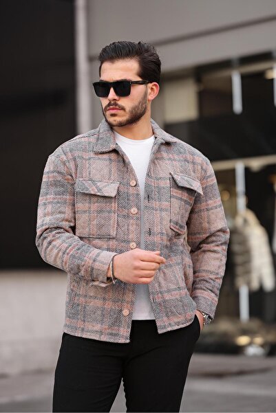 Miron Πλακάκι μπεζ καρό καπιτονέ Λεπτομερές μπουφάν Regular Fit-2453