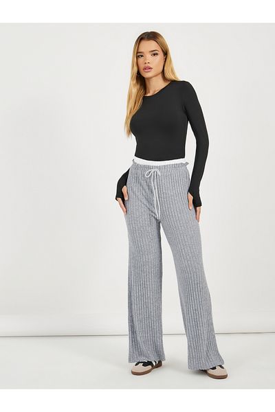 Styli High Rise Ribbed Knit Wide Leg Pants with Drawstring